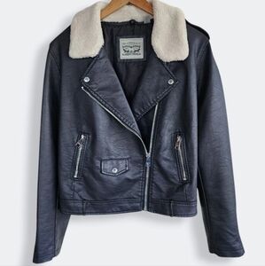 Levi’s | Faux Leather Moto Jacket Black Sherpa Collar Womens XL Vegan Retro